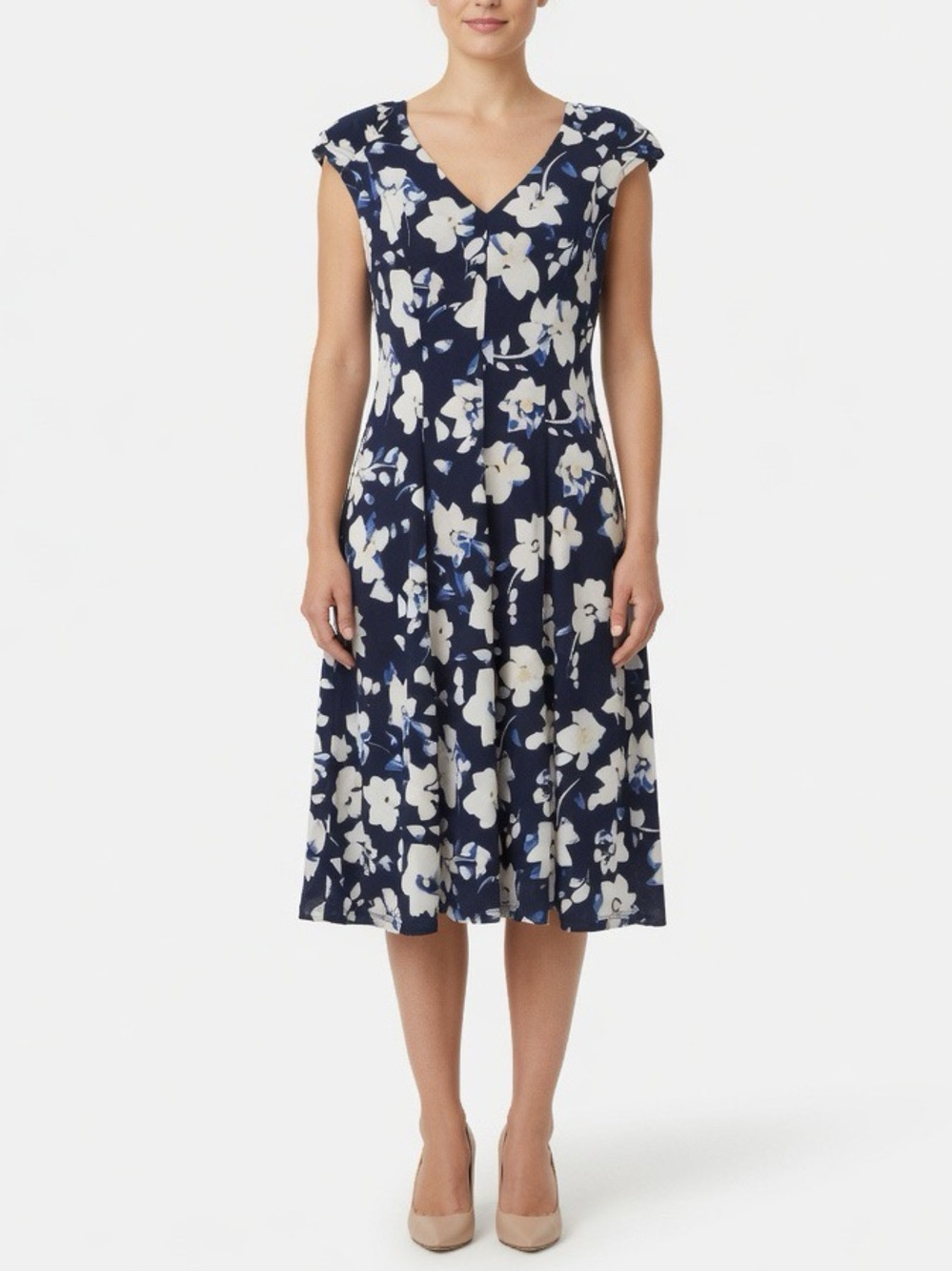 Navy Floral V-Neck Midi Dress